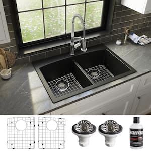 QT-710 Quartz/Granite 33 in. Double Bowl 50/50 Top Mount Drop-In Kitchen Sink in Black with Bottom Grid and Strainer