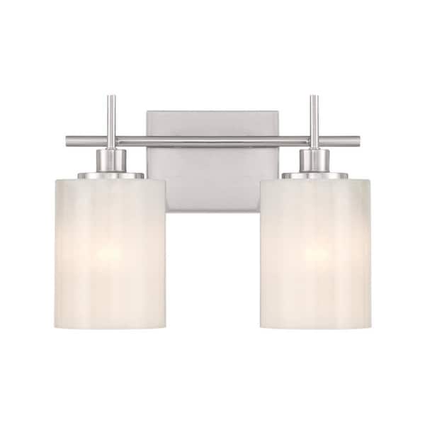 Meridian 14 in. W x 9.75 in. H 2-Light Brushed Nickel Modern Bathroom Vanity Light with White Strie Glass Shades