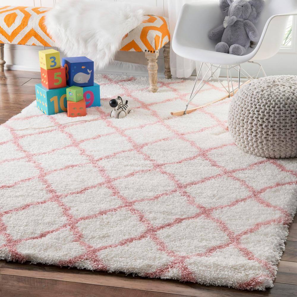 Pink and White Trellis Shag Kids Area Rug 5' x 7'