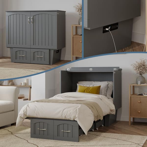 AFI Sydney Twin Grey Solid Wood Murphy Bed Chest with Storage Drawer & Charging Station