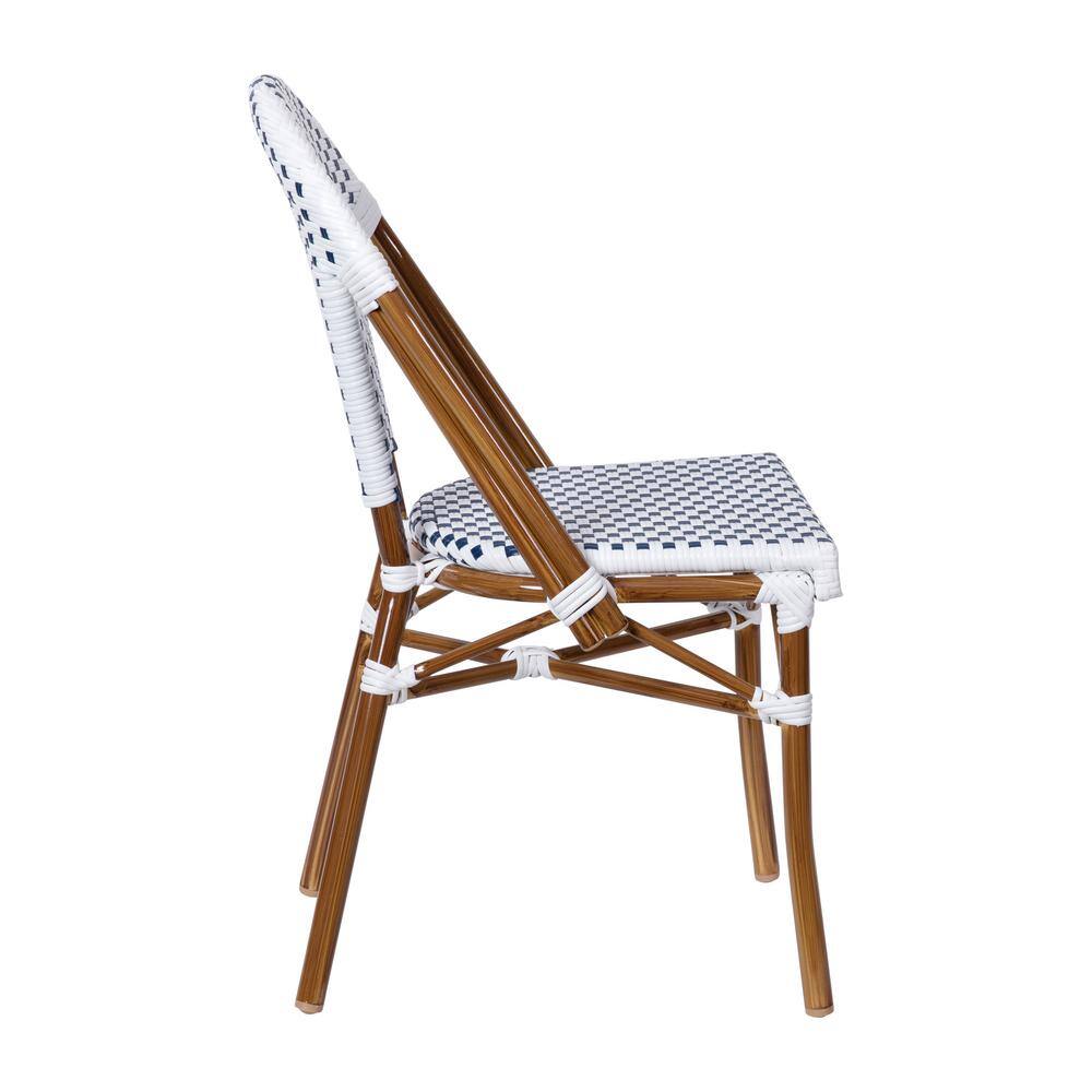 White and Navy Checkered PE Rattan Armless Side Chairs