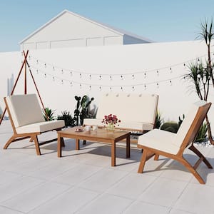Wood 4-Piece Outdoor Sectional Sofa Set with Beige Cushions and Coffee Table