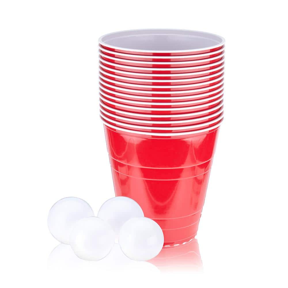 Sticker Beer pong. Red plastic cups and orange tennise ball over black 