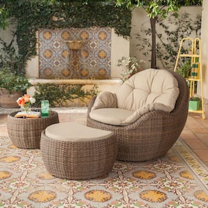 Greta Ottoman 3-Piece Wicker Patio Lounge Chair with Beige Cushions