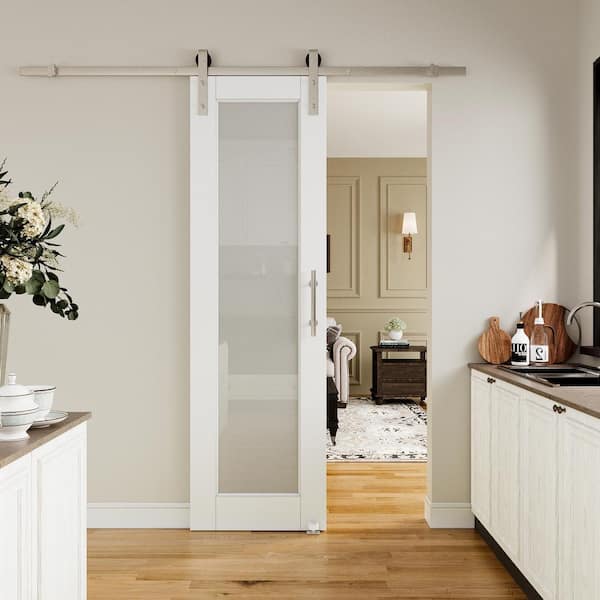ARK DESIGN 24 in. x 80 in. 1 Lite Tempered Frosted Glass White Finished MDF Sliding Barn Door with Hardware Kit Nickel Plated