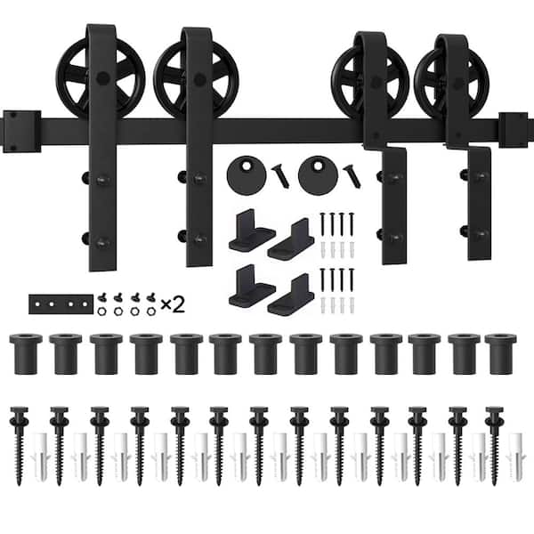 WINSOON 16 ft./192 in. Single Track Bypass Barn Door Hardware Double Doors Kit, Heavy-Duty Sliding 1 Track Big Wheel Roller