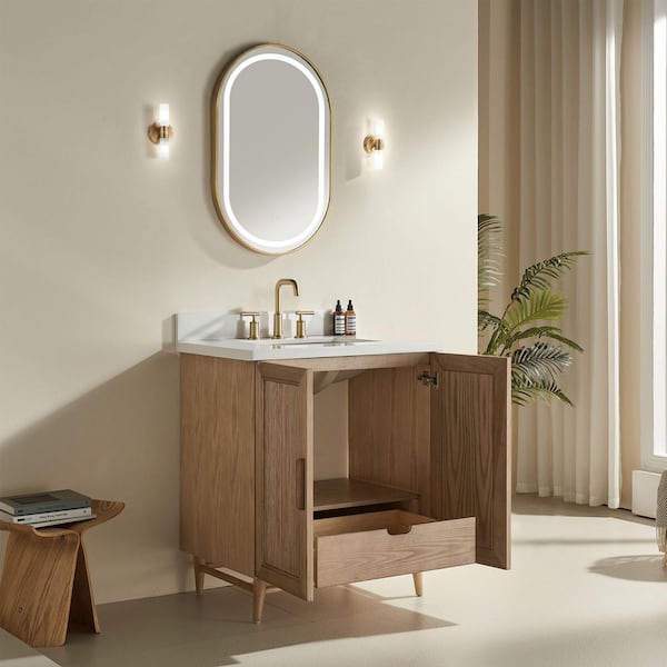 30 in. Brown Solid Wood Freestanding Bath Vanity with White Carrara Engineered Marble Top, Backsplash, Fully Assembled