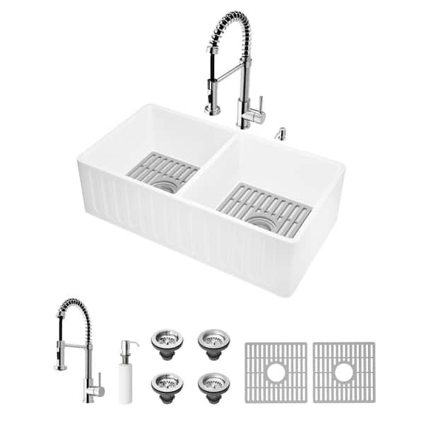 VIGO Matte Stone 33" Double Bowl Farmhouse Apron Front Undermount Kitchen Sink with Faucet in Chrome and Accessories