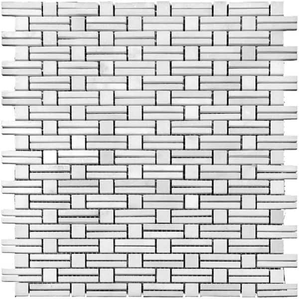 Apollo Tile White 11.7 in. x 12 in. Striped Polished Marble Mosaic Tile (4.88 sq. ft./Case)