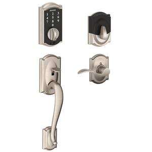 Camelot Satin Nickel Touch Electronic Keypad Deadbolt and Front Entry Door Handle with Accent Door Lever