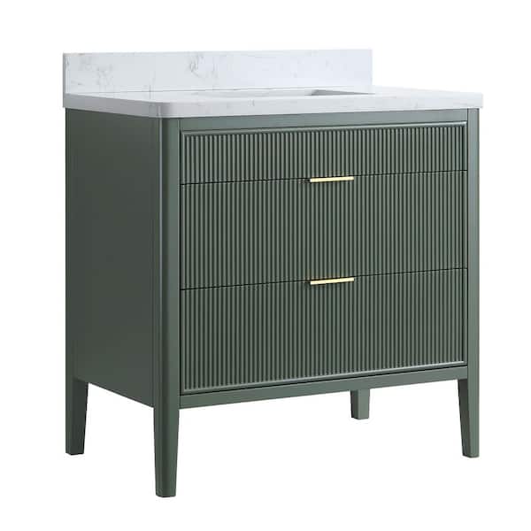 36 in. W Single Sink Solid Wood Bath Vanity in Vintage Green with White Engineered Marble Top, Soft-Close