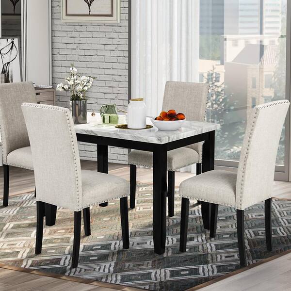 4 Thicken Cushion Dining Chairs, Fake White Marble Dining Table
