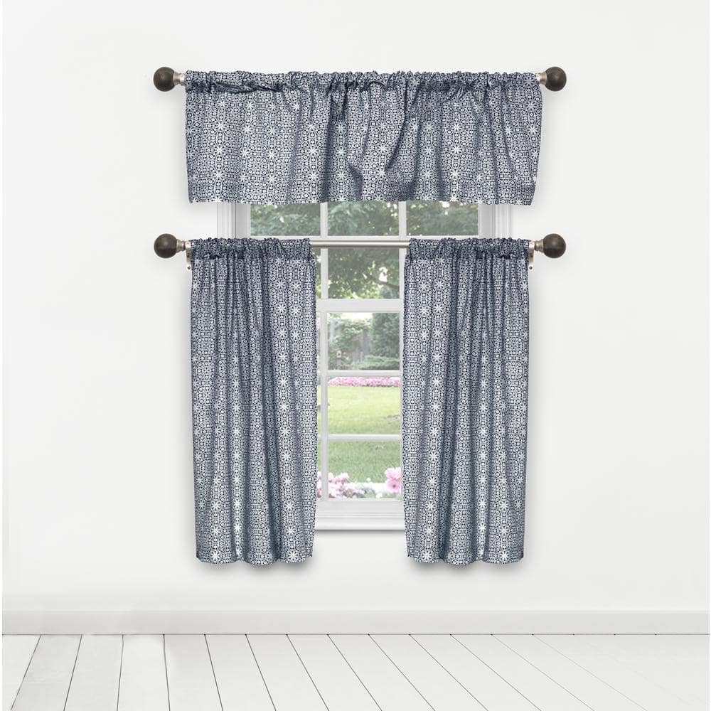 Navy Geometric Rod Pocket Room Darkening Curtain - 15 in. W x 58 in. L (Set