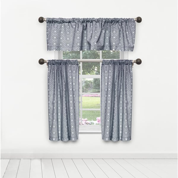 Duck River Navy Geometric Rod Pocket Room Darkening Curtain - 15 in. W x 58 in. L (Set of 3)
