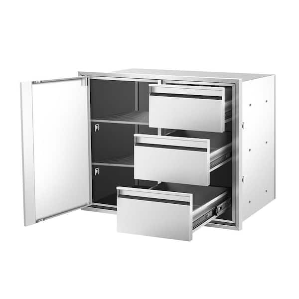 Multi-Layer Stainless Steel 27.8 x 19.4 x 21.8 in. Outdoor Kitchen Cabinet Triple Storage Drawer Combo Access Door