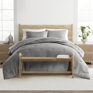 Waffle Textured 3-Piece All Season Polyester Down-Alternative Queen Comforter Set in Fog