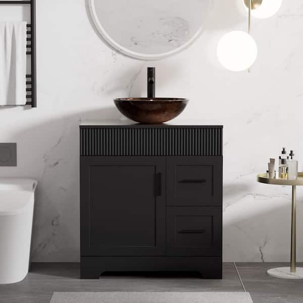 30 in. W x 20 in. D x 32 in. H Single Sink Black Bath Vanity with Brown Glass Vessel Sink Top