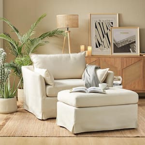 Sylvia Ivory Modern Oversized Removable Slipcovered Chair Solid Wood Legs Armchair with Ottoman