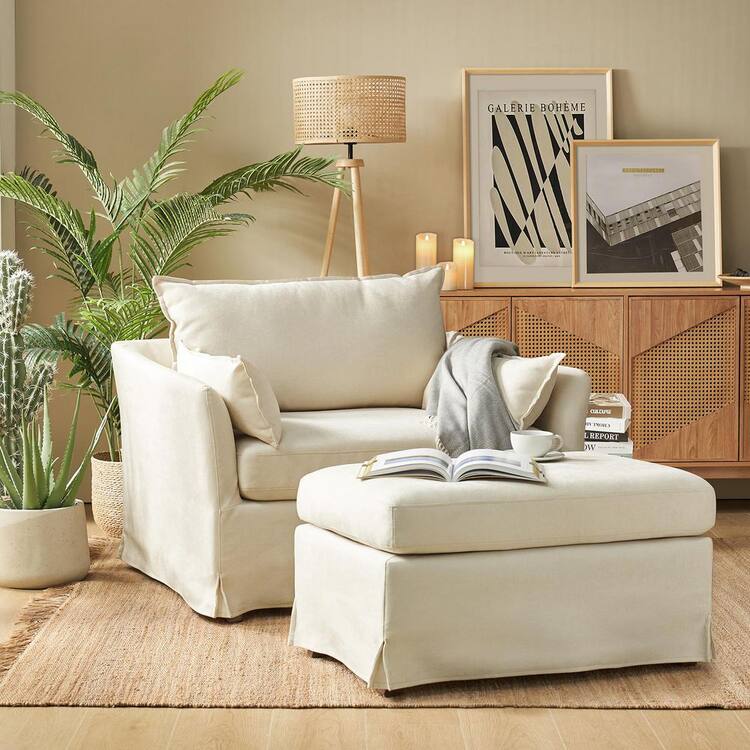 JAYDEN CREATION Sylvia Ivory Modern Oversized Removable Slipcovered Chair Solid Wood Legs Armchair with Ottoman