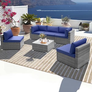 6 PCS Wicker Patio Conversation Set Outdoor Rattan Furniture with Navy Cushions