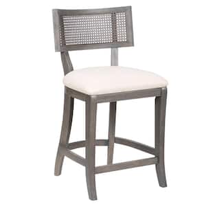 Claymore Gray Wash and Beige Solid Wood Woven Cane-Back Counter Height Chair