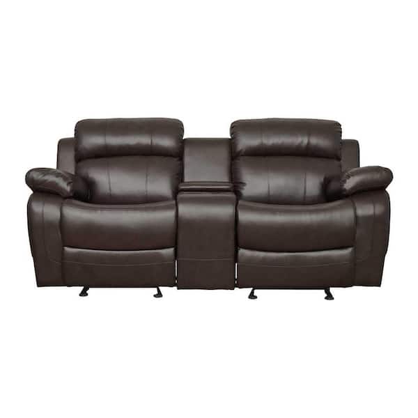 EVERGLADE HOME Alamo 77.5 in. W Flared Arm Faux Leather Straight Double Glider Reclining Loveseat with Center Console in Brown