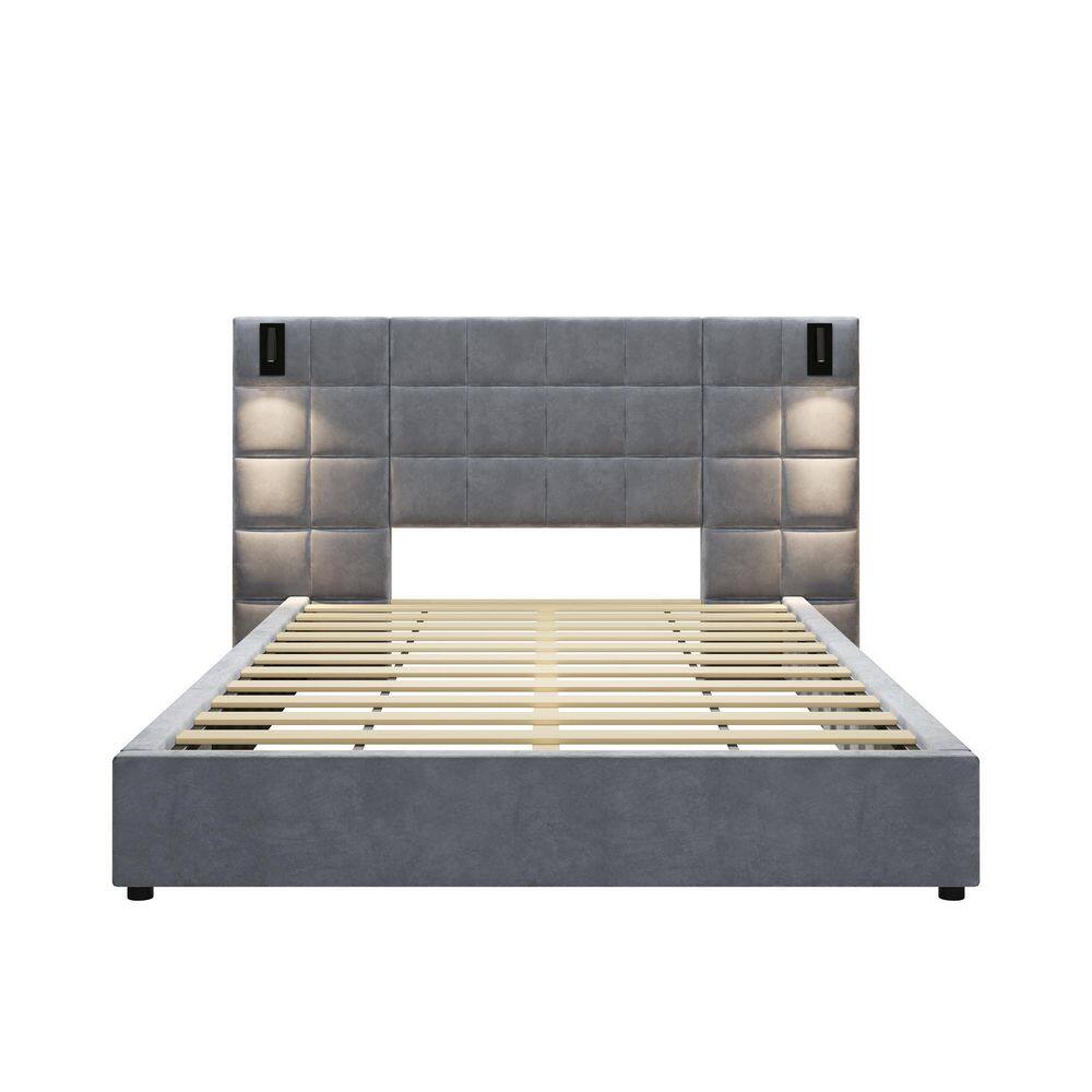 Gray Wood Frame King Velvet Upholstered Platform Bed with Large Luxuriously Padded Headboard, Reading Lamp, USB Port - thumbnail 3