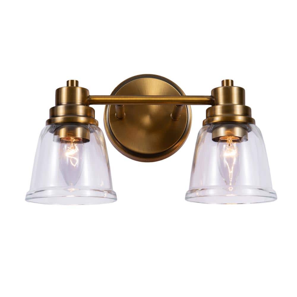 Warm Brass and Clear Glass 2-Light Vanity Fixture