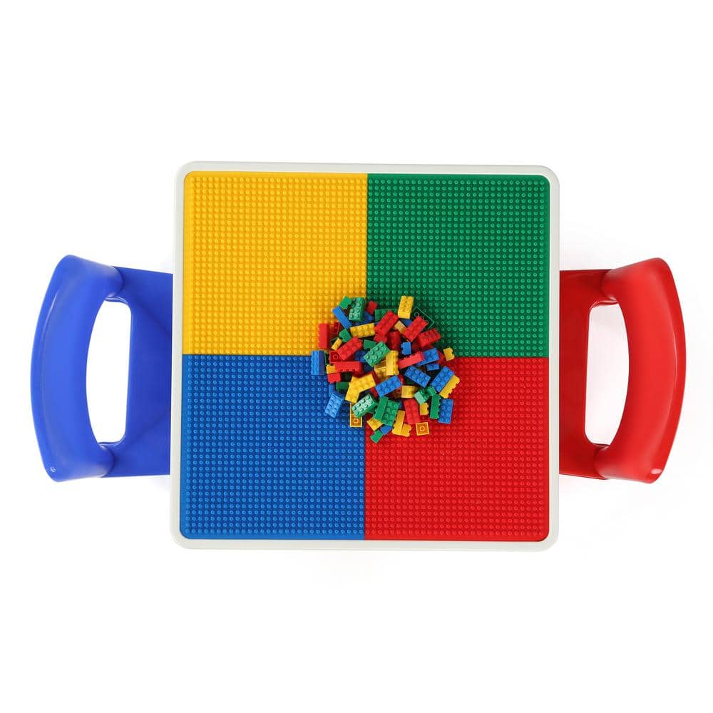 White and Primary Plastic Kids Activity Table with 2 Chairs and Building Blocks