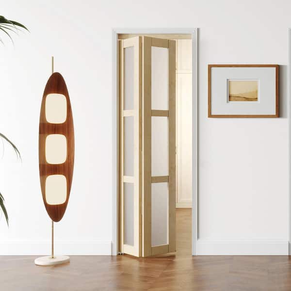 24 in. x 80 in. Frosted Glass Solid Core Light Brown 3-Lite MDF Wood PVC Covering Bi-fold doors with Hardware Kits