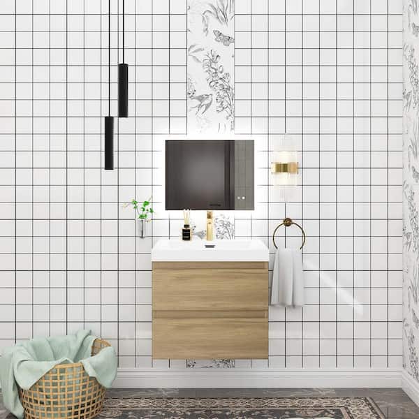 Unbranded 24 in. W x 19.5 in. D Single Sink Wall-Mounted Bathroom Vanity in Natural Oak with Glossy White Cultured Marble Top