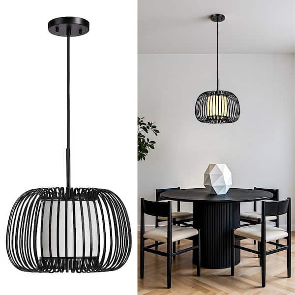 KAISITE 60-Watt 1-Light Modern Pumpkin Shape Black Pendant Light W