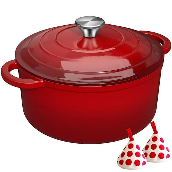 5 qt. Enameled Cast Iron Dutch Oven with Lid and Cotton Potholders, Heavy-Duty Cookware for Baking, Braising, Red