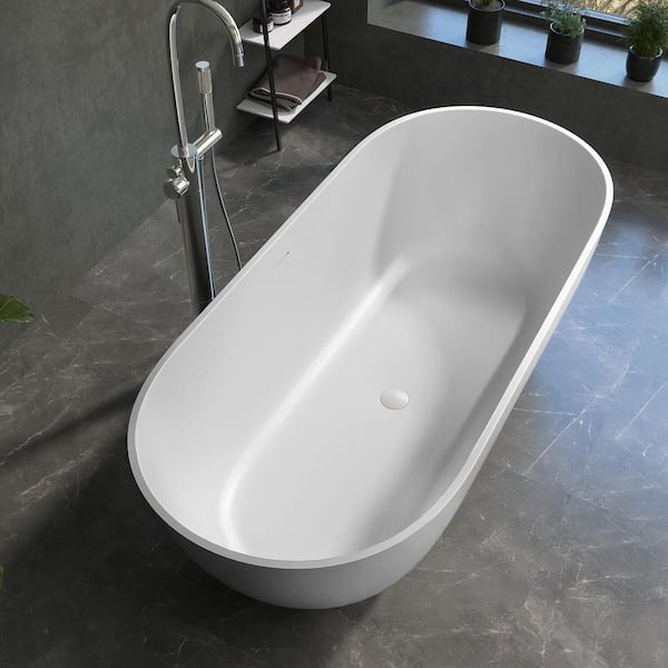 59 in. x 29.5 in. Solid Surface Tub Stone Resin Freestanding Soaking Bathtub w/ Overflow and Center Drain in Matte White