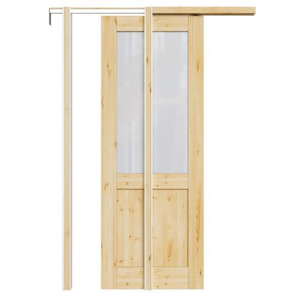 ARK DESIGN 32 in. x 80 in. 1/2-Lite Frosted Glass Unfinished Door Solid Core Pine Pocket Door Frame and Hardware (Soft Close Incl)