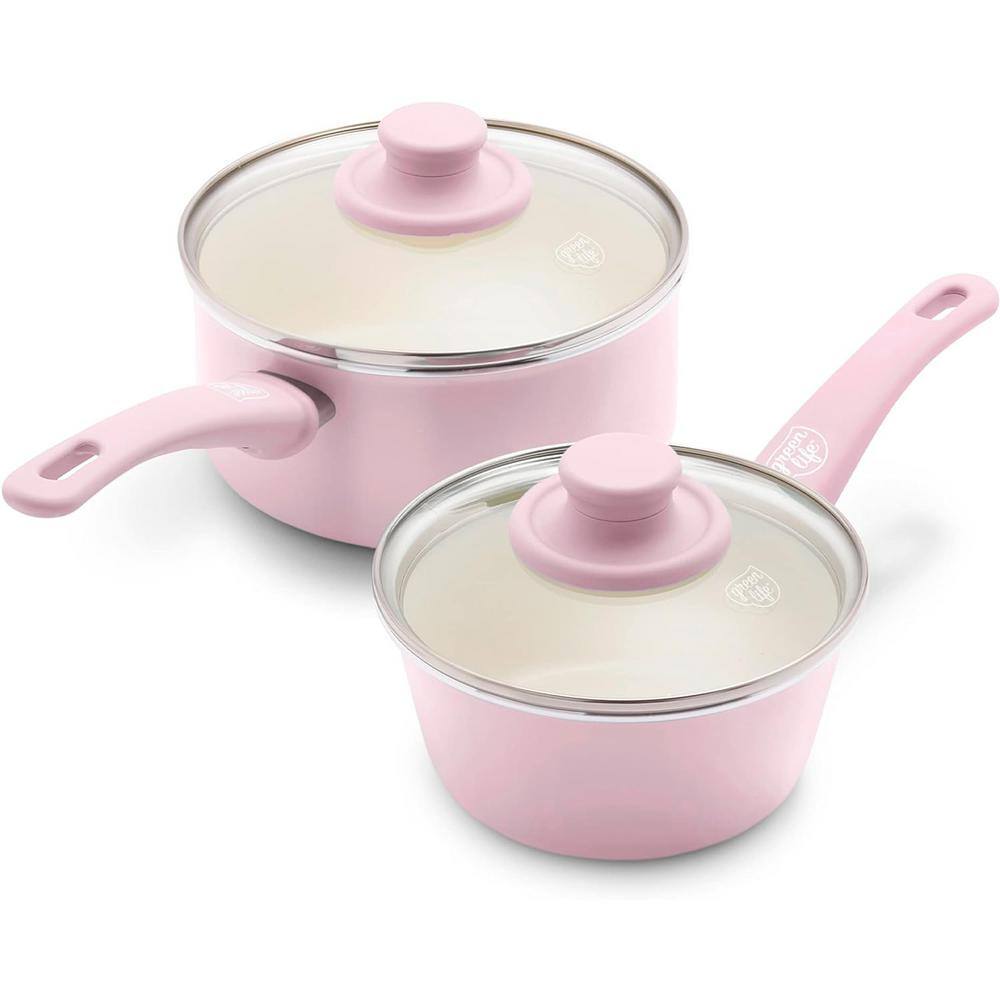 4-Piece Aluminum Ceramic Nonstick 1 qt. and 2 qt. Saucepan Set in Pink with