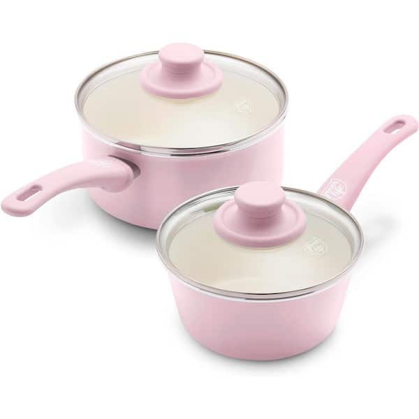 Adrinfly 4-Piece Aluminum Ceramic Nonstick 1 qt. and 2 qt. Saucepan Set in Pink with Glass Lids Soft Grip Handles, Gas Compatible