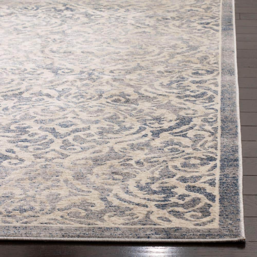 Light Grey and Blue Damask Low Pile Area Rug