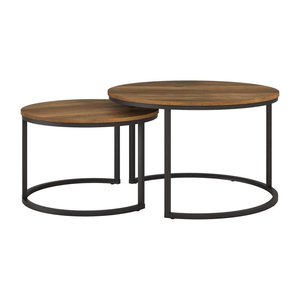Contemporary Round Wood & Metal Nesting Coffee Tables - Black/Brown