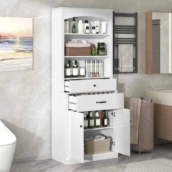 White 78.7 in. H Accent Cabinet, Bathroom Storage Cabinet with 2-Doors, Drawers, Adjustable Shelf & 3-Open Shelves