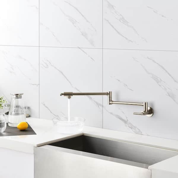 Wall Mount Pot Filler Faucet, Brushed Nickel Double Handle Stove Pot Filler with Swivel Arm, Kitchen Faucet