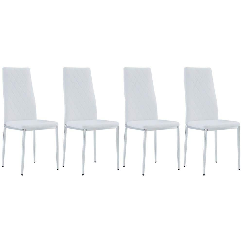 White PU Leather Checkered Armless High Back Dining Chair with Metal Legs f