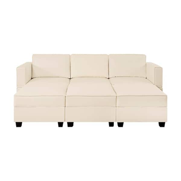HOMESTOCK 87.01 in. W Faux Leather Sofa with Triple Ottoman Streamlined Comfort for Your Sectional Sofa in Beige