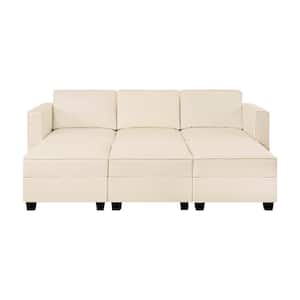 87.01 in. W Beige Faux Leather 1 Piece Sectional Sofa with Storage and Triple Ottoman, 3-Seater Living Room Suite