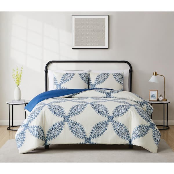Cannon Abigail Comforter Set Cream and Blue Polyester 3-Piece King Comforter Set
