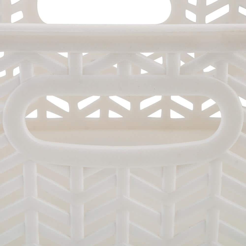Small White Herringbone Plastic Storage Baskets with Handles, 3-Pack