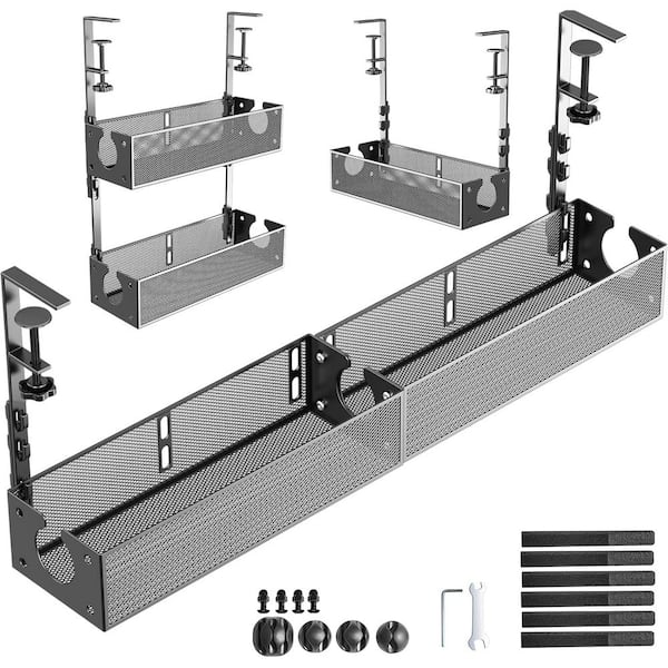 Modern Extendable Metal Under Desk Cable Management Tray and Multiple Applications Design with Clamp Mount, 2-Pack Black
