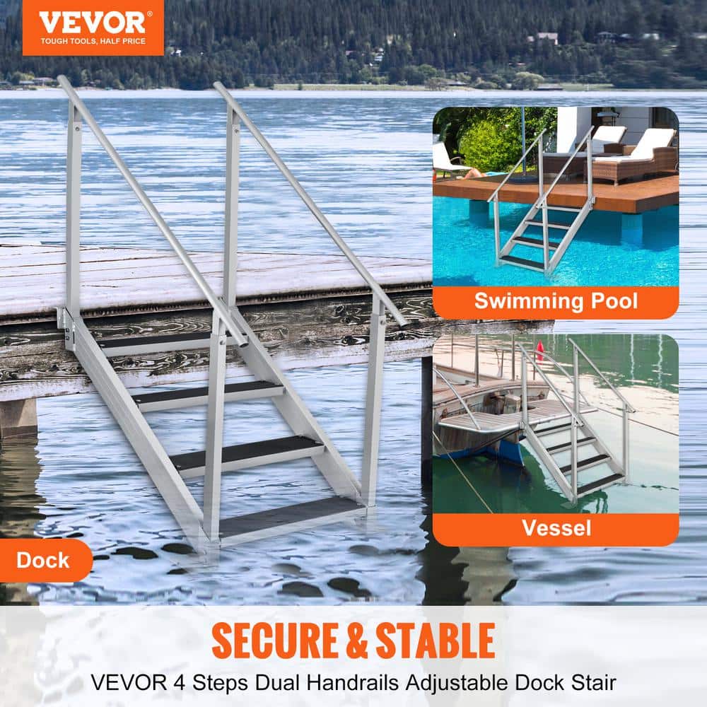 Adjustable Height Aluminum Dock Ladder with Dual Handrails and Nonslip Steps