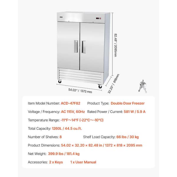 Commercial Freezer 44 Cu.ft. Reach In 54.01 in.W Upright Freezer 2-Doors Auto-Defrost Stainless Steel Silver