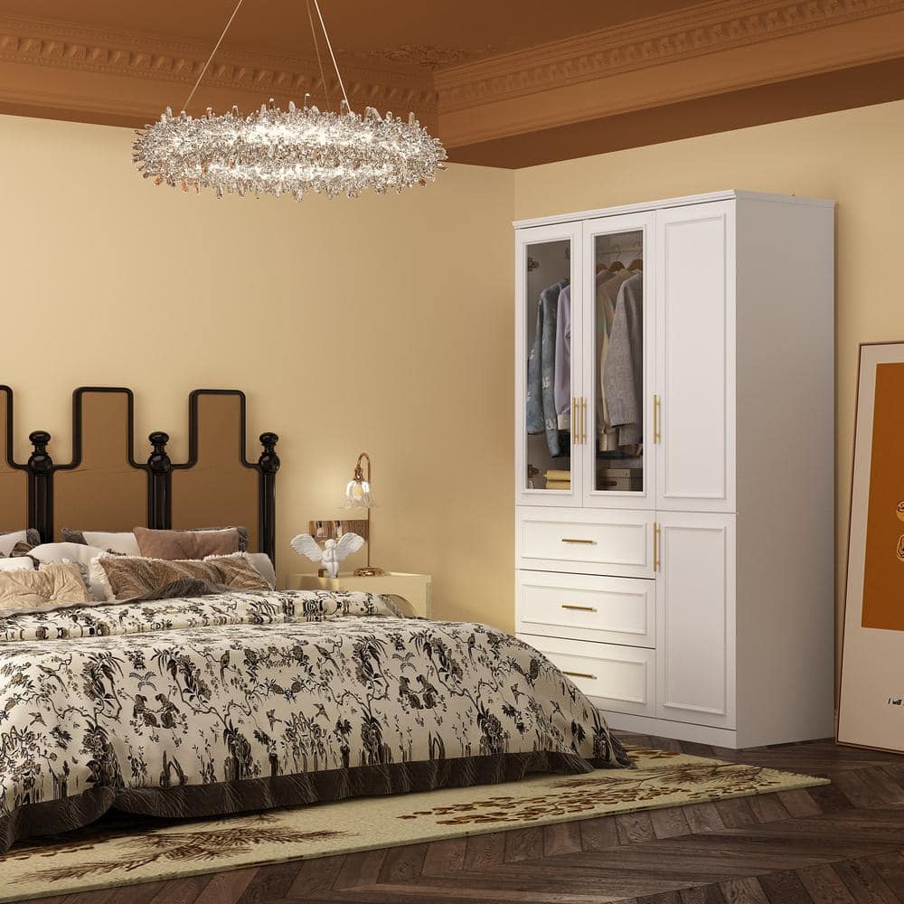 2-Combination White Wood 47.6 in. W 4-Door Big Armoires with 2-Hanging Rods, 3-Drawers, Shelves 74.8 in. H x 19.3 in. D - thumbnail 10